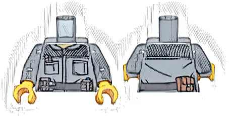 Torso Jacket, Black Pockets, Striped Panels, and Belt with Silver and Reddish Brown Pouches Pattern / Dark Bluish Gray Arms / Bright Light Orange Hands