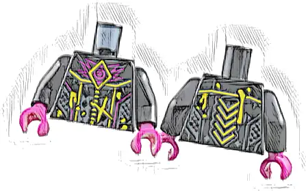 Torso Armor, Magenta Spiral and Zigzags, Yellow Lines, Splotches and Chevrons, Dark Bluish Gray Trim Pattern / Black Arms / Magenta Hands