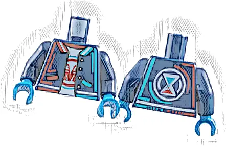 Torso Jacket Open with Dark Azure and Red Trim and Pockets, White Shirt with Capital Letter M, Hourglass on Back Pattern / Dark Blue Arms / Dark Azure Hands