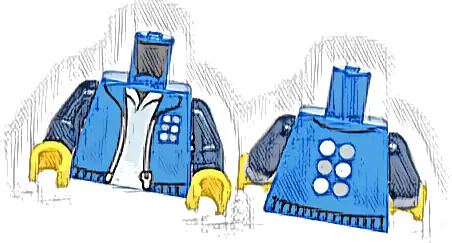 Torso Jacket Open with Silver Zipper and White and Light Bluish Gray Six Dots Logo over Shirt Pattern / Dark Blue Arms / Yellow Hands