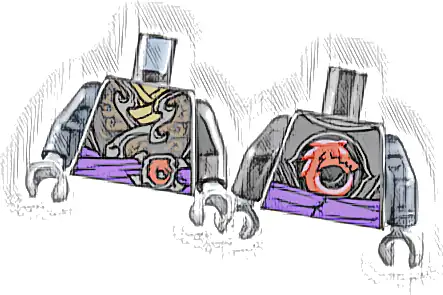 Torso Dark Silver and Copper Tunic, Dark Tan Shirt, Dark Purple Sash, Red Wolf Pattern / Pearl Dark Gray Arm Left / Trans-Black Arm Right / Light Bluish Gray Hands