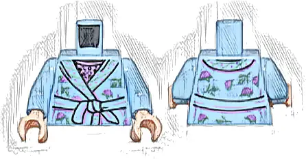 Torso Dressing Gown with Medium Lavender Dots and Sand Green Leaves and Stripes over Top with Black Flowers Pattern / Bright Light Blue Arms / Light Nougat Hands