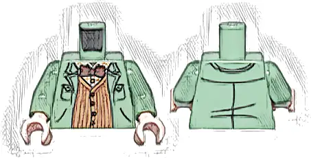 Torso Overcoat over Medium Nougat Striped Sweater Vest, Tan Plaid Shirt, and Reddish Brown Bow Tie Pattern / Sand Green Arms / Light Nougat Hands