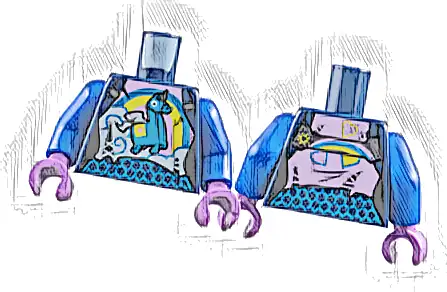 Torso Female Bright Pink Top with Dark Azure and Yellow Rainbow and Brite Unicorn and Hexagon Mesh Midriff Pattern / Blue Arms / Medium Lavender Hands