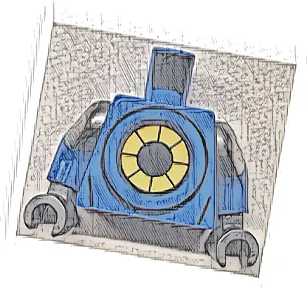 Torso with Black, Bright Light Orange and Yellow Segmented Circle Pattern / Blue Arms with Molded Flat Silver Short Sleeves and Printed Black and Silver Rivets Pattern / Flat Silver Hands