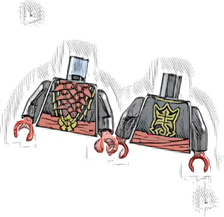 Torso Robe Open with Gold Trim over Dark Red Chest Exoskeleton Segments with Red Spikes, Waist Sash with Insect Head Buckle, Stylized Scorpion Logo on Back Pattern / Black Arms / Dark Red Hands