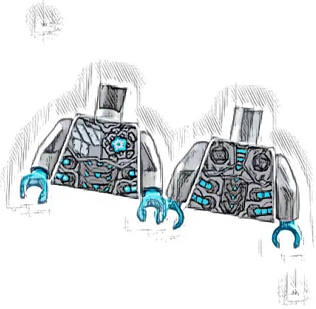 Torso Silver Chest and Dark Silver Abdomen Armor Plates, White Markings, Medium Azure Crystal, Hoses and Trim Pattern / Flat Silver Arms / Medium Azure Hands