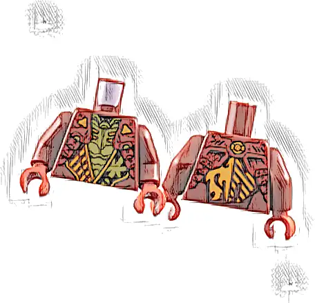 Torso Armored Tunic with Red Shoulder Panels, Orange Trim and Gold Ninjago Logogram Letter K over Chest Armor, Fire Dragon Logo on Back Pattern / Dark Red Arms / Red Hands