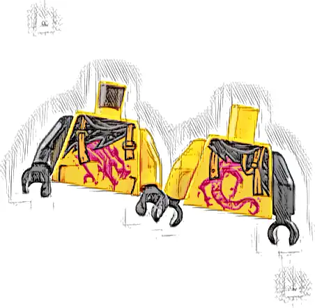 Torso Shirt with Pockets and Painted Magenta Dragon, Black Tattered Scarf, Orange Broken Suspenders with Gold Slides Pattern / Bright Light Orange Arm Left / Black Arm Right / Black Hands