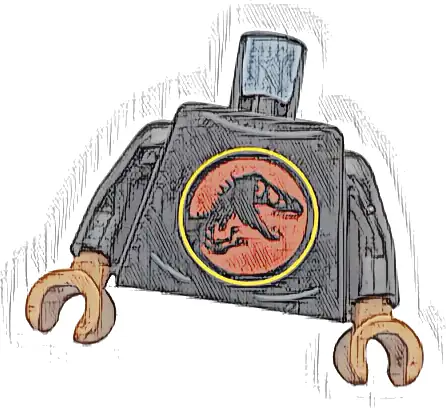 Torso Shirt with Dark Bluish Gray Creases and Red and Yellow Jurassic Park Logo Pattern / Black Arms / Sienna Hands