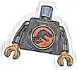 Część LEGO® 973pb5957c01 Tułów koszula z ciemnoszarymi niebieskimi zagięciami i czerwono-żółtym logo Jurassic Park, wzór / czarne ramiona / kasztanowe dłonie