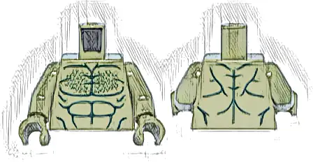 Torso Bare Chest with Dark Green Muscles Outline and Chest Hair Pattern / Olive Green Arms / Olive Green Hands