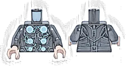 Torso Armor with 6 Metallic Light Blue and White Circles with Arcing Electricity, Dark Bluish Gray Contour Lines Pattern / Pearl Dark Gray Arms / Light Nougat Hands