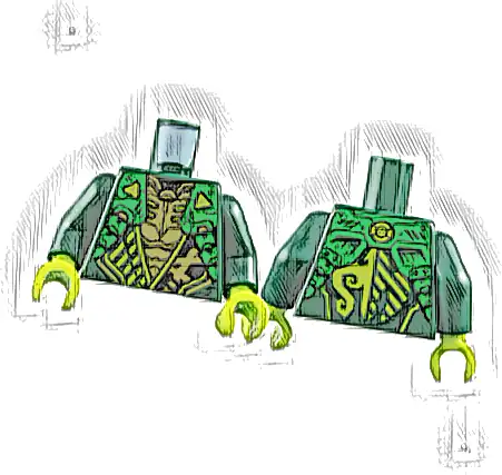 Torso Armored Tunic with Bright Green Shoulder Panels, Lime Trim and Gold Ninjago Logogram Letter L over Chest Armor, Energy Dragon Logo on Back Pattern / Dark Green Arms / Lime Hands