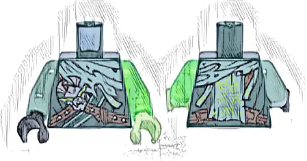 Torso Tunic with Reddish Brown Straps, Silver Dragon Head, Sand Green Torn Wrap and Lime Ninjago Logogram 'MORRO' Pattern /  Trans-Bright Green Arm Left / Sand Green Arm Right / Yellowish Green Hand L