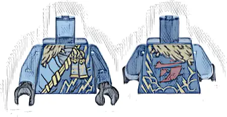 Torso Tunic with Gold Trim, Charms and Lightning, Dark Tan Wrap, Dark Red Ninjago Logogram 'J' Pattern / Dark Blue Arm Left / Sand Blue Arm Right / Black Hands