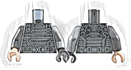 Torso Body Armor with Dark Bluish Gray Straps and Lines, Belt with Pouches and Silver Buckle Pattern / Flat Silver Arm Left / Black Arm Right / Black Hand Left / Light Nougat Hand Right