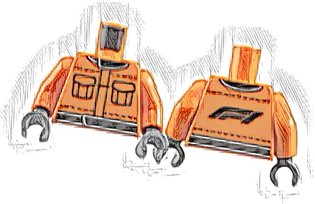 Torso Racing Suit with Black Pockets, Stitching, Collar and Waistband, Formula 1 Logo Stylized 'F1' on Back Pattern / Reddish Orange Arms / Dark Bluish Gray Hands