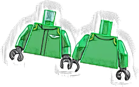 Część LEGO® 973pb5982c01 Tułów kombinezon wyścigowy z białym logo Aston Martin i limonkowymi zakrzywionymi paskami na ramionach, wzór / zielone ramiona / czarne dłonie