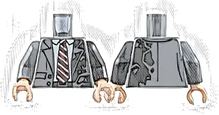 Torso Suit Jacket Open with Pockets, Buttons and Burned Left Side over White Shirt, Tie with Dark Red and Dark Brown Stripes, Black Belt Pattern / Black Arm Left / Dark Bluish Gray Arm Right / Light N