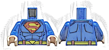 Torso Super Hero Costume with Dark Blue Muscles Outline, Red and Yellow Superman 'S' Logo, Belt with Hexagonal Clasp Pattern / Blue Arms / Light Nougat Hands