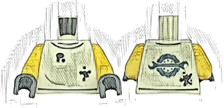 Torso Shirt with Black Oil Stains, Sand Blue Spanner Wrench and Wheel with Tire Logo on Back Pattern / Yellow Arms / Dark Bluish Gray Hands