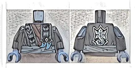 Torso Robe with Monster Faces on Hem over Dark Brown Tattered Layered Shirt, Shoulder Wrap with Silver Diamond and Metallic Light Blue Claws, Dark Bluish Gray Waist Sash, Stylized Scorpion Logo on Bac