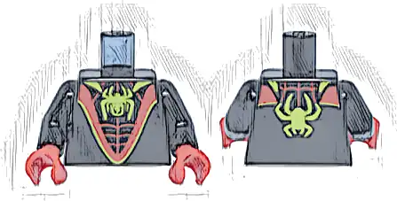 Torso Super Hero Costume with Red V-Shaped Stripe and Webbing, Lime Spider and Trim Pattern / Black Arms / Red Hands