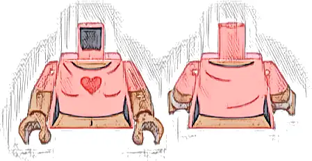 Torso Female Crop Top T-Shirt with Red Heart, Medium Nougat Neck and Stomach with Navel Pattern / Medium Nougat Arms with Molded Coral Short Sleeves Pattern / Medium Nougat Hands