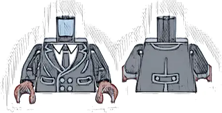 Torso Suit Jacket Double Breasted with Pockets and Dark Bluish Gray Buttons over White Shirt with Collar and Tie Pattern / Black Arms / Reddish Brown Hands