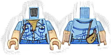 Torso Female Denim Shirt Partially Open, Medium Nougat Undershirt, Canteen with Dark Red Strap, Blue Pants Pattern / Light Nougat Arms with Molded Bright Light Blue Short Sleeves Pattern / Light Nouga