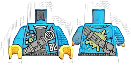 Torso Jacket Open, White 'BL', Black Sweater, Dark Bluish Gray Strap with Pouches, Hourglass Buckle Pattern / Dark Azure Arms / Yellow Hands