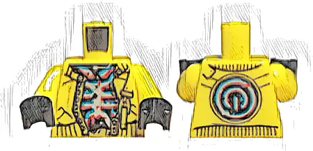 Torso Vest with Black Trim, Gold Buckle and Buttons over Dark Turquoise, Red and Silver Muscle Pattern / Neon Yellow Arms / Black Hands