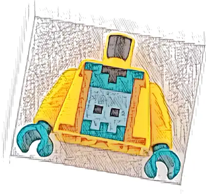 Torso Pixelated Hoodie Open, Dark Orange Trim, Dark Turquoise Shirt with Metallic Light Blue Creature, Black Neck Pattern / Bright Light Orange Arms / Dark Turquoise Hands