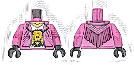 Torso Jacket Open, White V-Neck Shirt with Bright Light Orange Lion Head, Medium Tan Neck, Magenta Fringe on Back Pattern / Dark Pink Arms / Black Hands