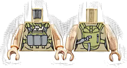 Torso Female Top, Olive Green Scarf, Utility Harness with Backpack, Dark Bluish Gray Pendant Necklace, Light Nougat Neck Pattern / Light Nougat Arms / Light Nougat Hands