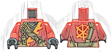 Torso Tunic with Orange Trim, Black Shirt, Dark Tan Strap, Gold Clasp and Charm with Ninjago Logogram Letter K Pattern / Red Arms / Black Hands