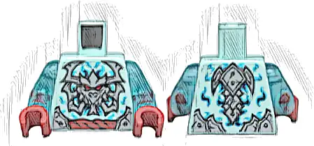 Torso Silver Armor Plates, Dragon Skull with Horns and Red Eyes, Rope Belt, Medium Azure and Dark Blue Swirls Pattern / Trans-Light Blue Arms / Red Hands