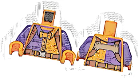 Torso Jacket Dark Purple Panel with Pockets over Striped Shirt, Reddish Brown Straps, Pouch and Belt with Silver Buckle, Bow Tie and Tan Sesame Seeds Pattern / Dark Purple Arms / Orange Hands