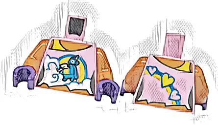 Część LEGO® 973pb6154c01 Tułów kobieta top na ramiączkach krótki z postrzępionym dołem, białe chmury, ciemnoazjatycka i żółta tęcza, serca i lama, wzór / sienna ramiona / ciemnofioletowe dłonie