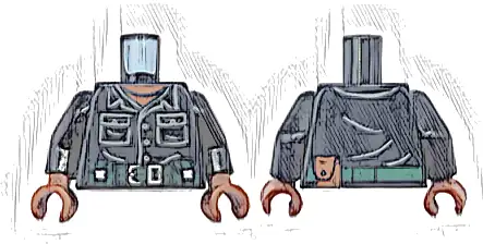 Torso Shirt, Dark Bluish Gray Pockets and Buttons, Dark Green Belt with Silver Buckle, Pouch, Reddish Brown Neck, Pearl Necklace Pattern / Black Arms / Reddish Brown Hands