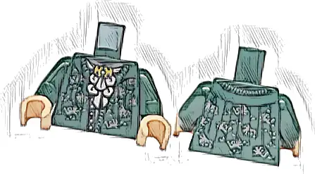 Torso Jacket Open with Buttons, Neck Ruffle with Gold Brooch, Silver Swirls Pattern / Dark Green Arms / Light Nougat Hands