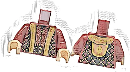 Torso Robe with Hood, Copper Filigree and Dots, Gold Lattice, Hems and Belt Buckle Pattern / Dark Red Arms / Light Nougat Hands