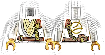 Torso Tunic with Light Bluish Gray Trim, Tan Layer, Reddish Brown Strap, Gold Clasp and Charm with Ninjago Logogram 'WU' Pattern / White Arms / Pearl Gold Hands