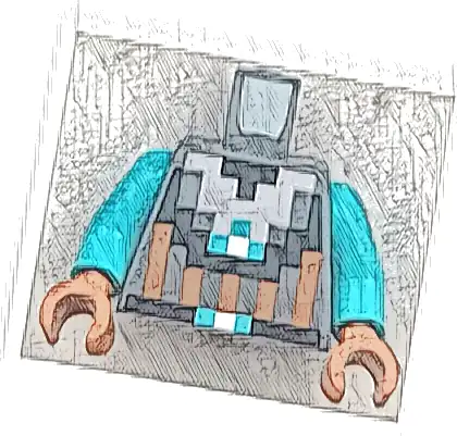 Torso Pixelated Silver Armor with Black Trim and Dark Orange Stripes, Belt with Medium Azure and White Buckle Pattern / Medium Azure Arms / Dark Orange Hands
