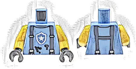 Część LEGO® 973pb6201c01 Tułów policyjny bezrękawnik z białą odznaką w kształcie gwiazdy, ciemnoniebieskimi szelkami i czarnymi plamami (wzór) / żółte ramiona / ciemnoszare niebieskie ręce