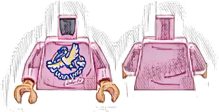 Torso Female Shirt with Blue, Yellow and White Bird, Rainbow, and Writing, Dark Pink Creases Pattern / Bright Pink Arms / Nougat Hands