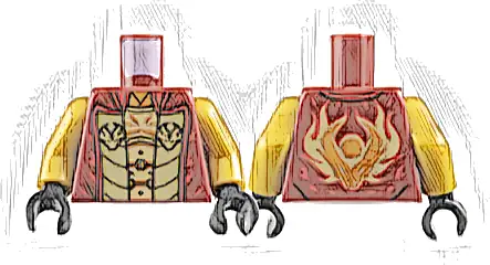 Torso Vest with Dark Tan Lapels over Gold Breastplate, Dragon Logos Pattern / Pearl Gold Arms / Black Hands