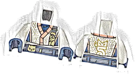 Torso Robe with Coral Hems, Dark Blue Panels, Gold Cat Head on Sand Blue Belt Pattern / White Arms / Dark Blue Hands