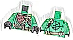 Część LEGO® 973pb6223c01 Tułów tunika z ciemnozielonymi obszyciami, ciemnoczerwoną koszulą, ciemnobeżowym paskiem, złotą głową smoka, logogramem Ninjago litera L na plecach, wzór / jaskrawozielone ramiona / czarne dłonie
